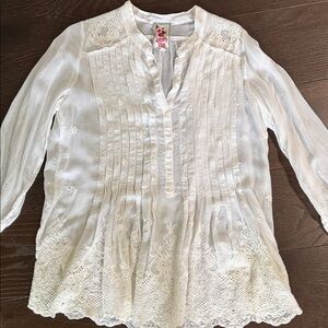 Johnny Was White Embroidered Pintuck Peasant Blouse